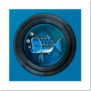 A Sleepy Blue Fish framed by a Porthole Posters and Art